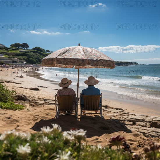 Retired couple sitting on sun loungers under an umbrella and looking at the sea