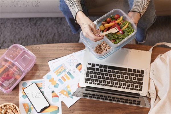 Top view work from home food