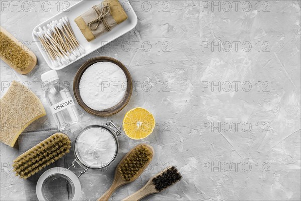 Flat lay eco friendly cleaning products with copy space baking soda