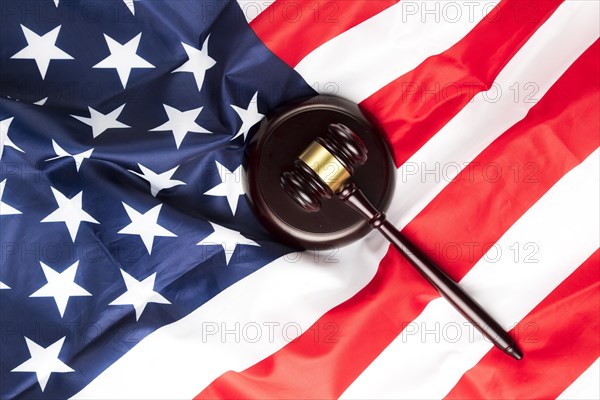 Top view judge gavel american flag