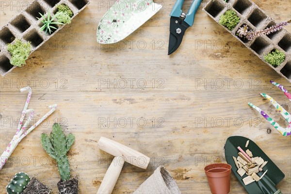 Gardening equipments peat tray plastic pot wooden backdrop