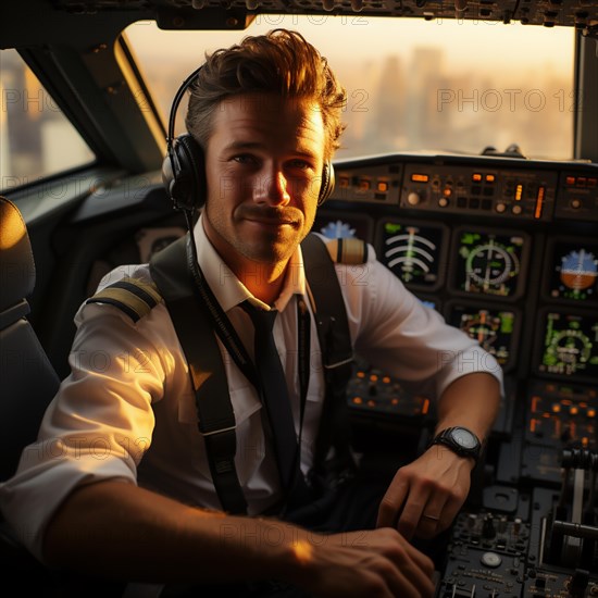 Proud pilots sit in the cockpit of their plane