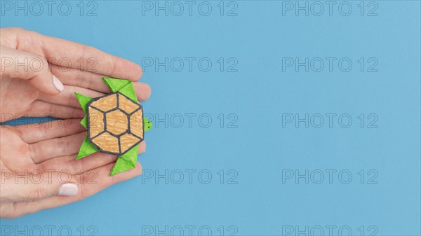 Top view hands holding paper turtle with copy space animal day