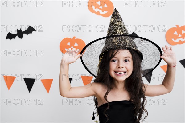 Front view little girl witch costume halloween