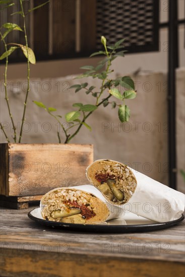 Homemade veg wrap plate table