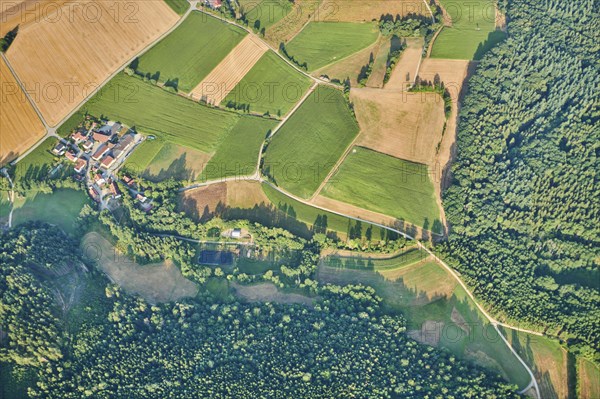 Aerial view over the fields and forests near Woerth an der Donau