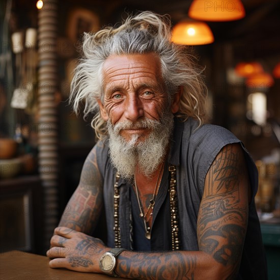 Man with tattoos on upper body on the beach and beach club