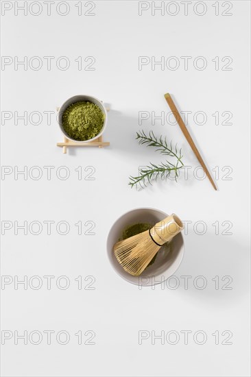 Top view bowl with matcha powder table