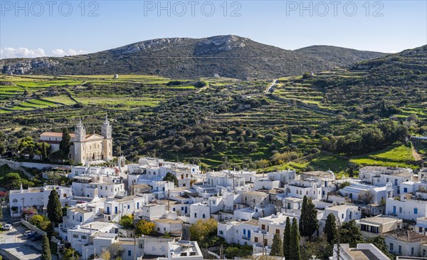 View over the village of Lefkes with white Cycladic houses