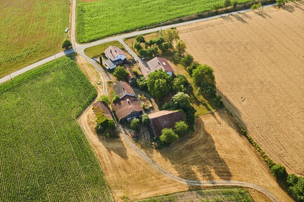 Aerial view over the fields and forests near Woerth an der Donau