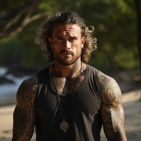 Man with tattoos on upper body on the beach and beach club