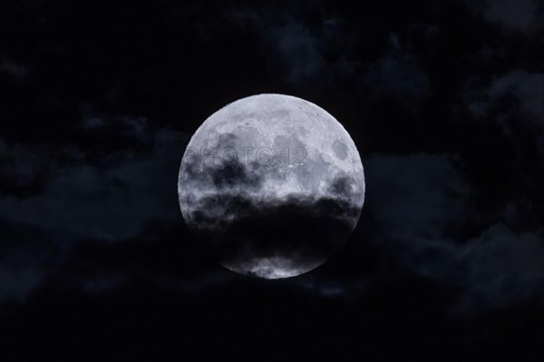 The full moon fights its way through the cloudy sky in the evening in the Rhine-Main area. It is already the second one in August '23 - that doesn't happen often. The so-called Blue Moon or Blue Super Moon is the largest full moon of the year.