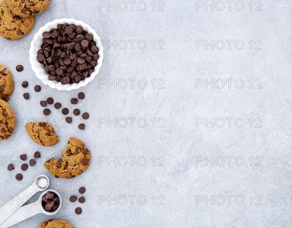 Top view cookies chocolate chips copy space