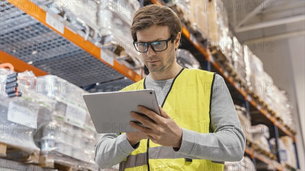 Man with tablet working logistic