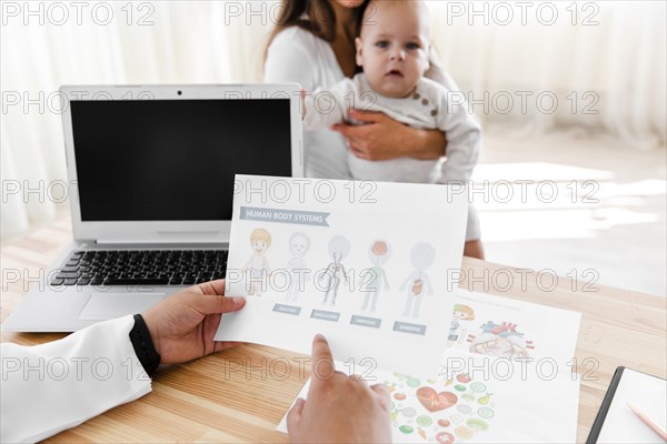 Doctor hands holding diagram new born baby