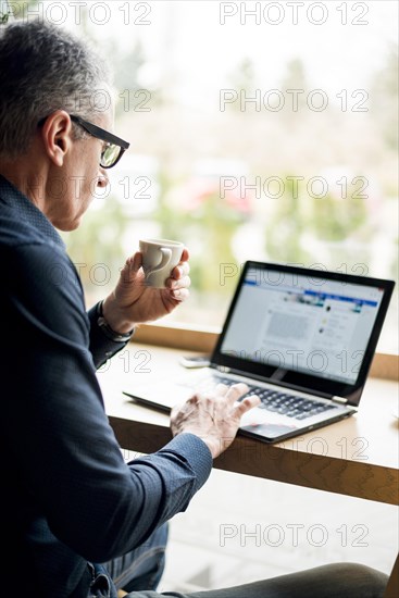 Elderly businessman working laptop