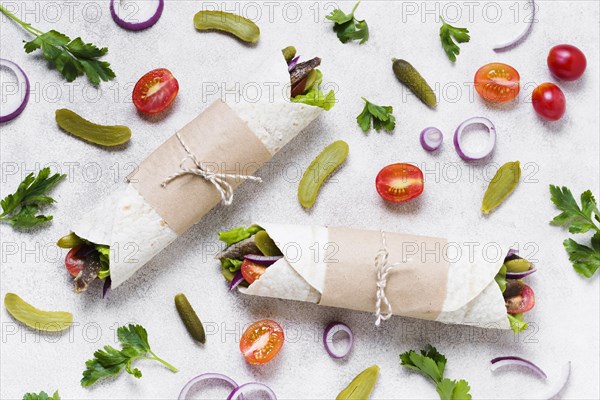 Arabic kebab sandwich wrapped thin pita top view