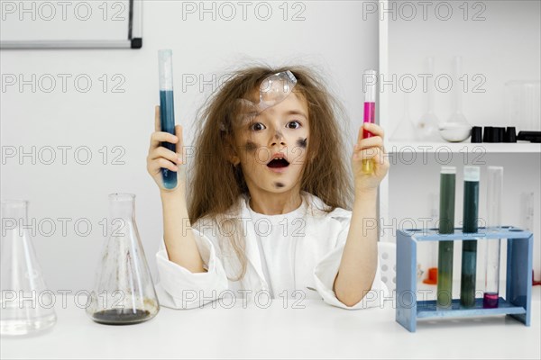 Front view girl scientist laboratory with test tubes failed experiment