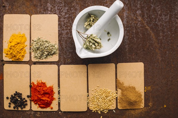 Mortar pestle near spices