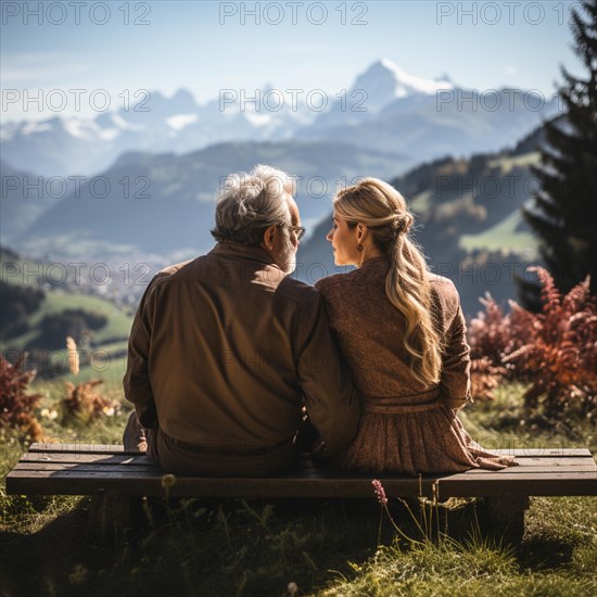 Retired couple sitting on a bench in the mountains and looking at the mountain panorama
