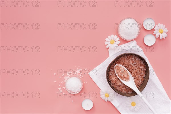 Top view bath salts chamomile flowers