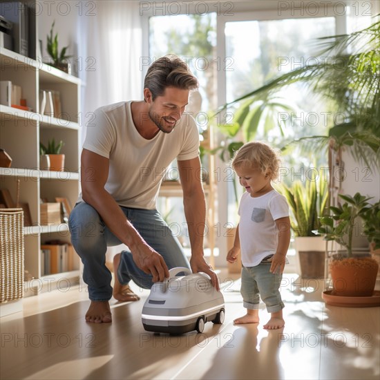 Family man vacuuming in the household