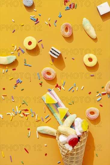 Flat lay assortment colorful sweets