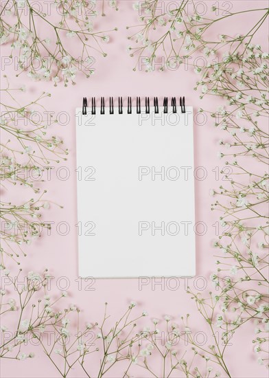 Blank spiral notepad surrounded with gypsophila flowers against pink background