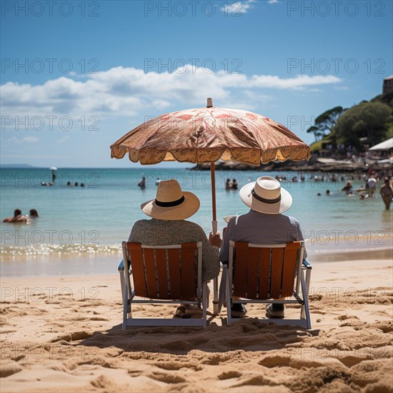 Retired couple sitting on sun loungers under an umbrella and looking at the sea