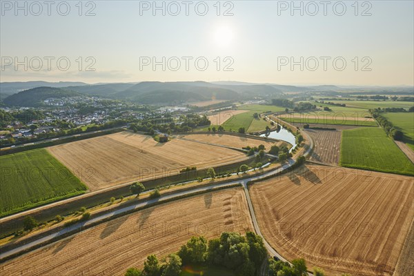 Aerial view over the fields and forests near Woerth an der Donau