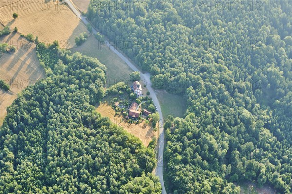 Aerial view over the fields and forests near Woerth an der Donau