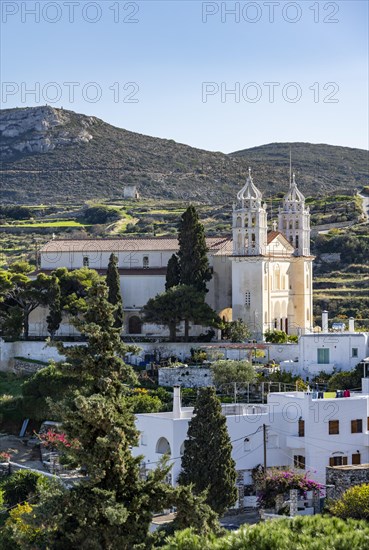 View over the village of Lefkes with the church of Agia Triada