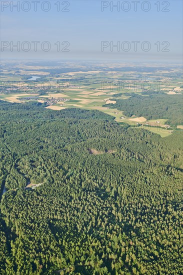 Aerial view over the fields and forests near Woerth an der Donau