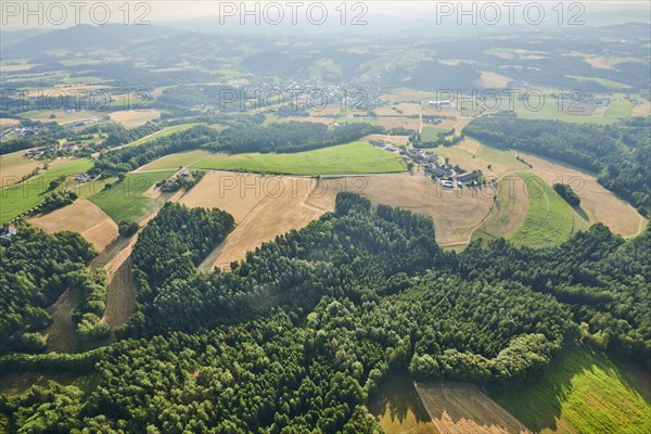 Aerial view over the fields and forests near Woerth an der Donau