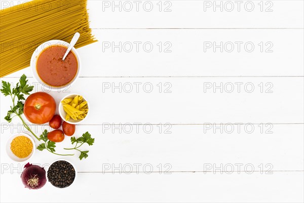 Raw pasta tasty ingredient white wooden table