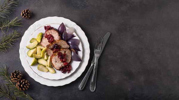 Top view christmas steak plate with copy space