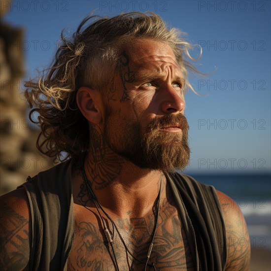 Man with tattoos on upper body on the beach and beach club