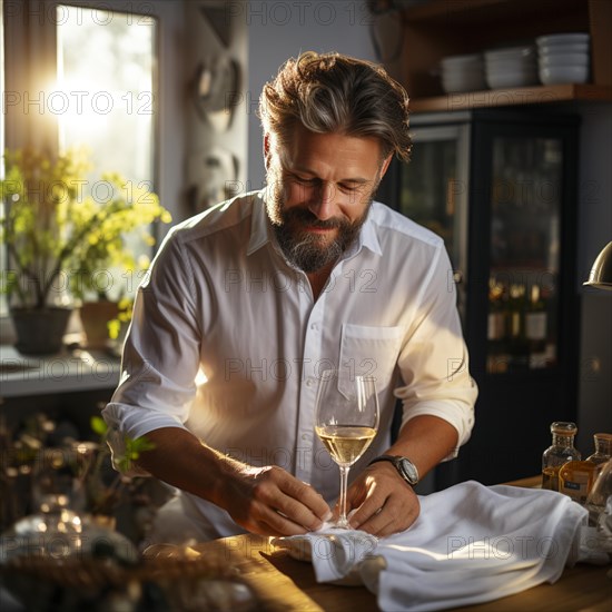 Father in the kitchen washing up plates and glasses