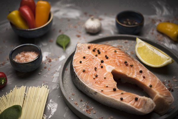 High angle salmon steak tray with ingredients