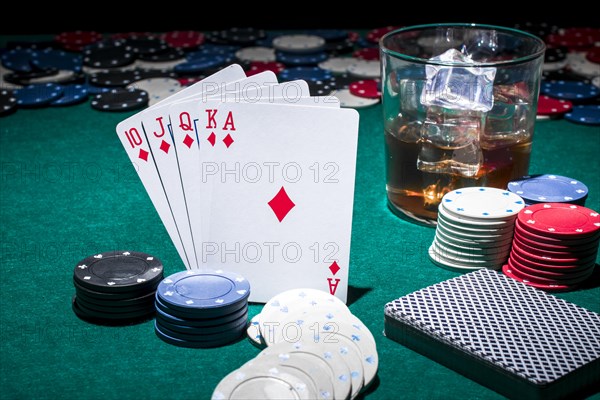 Card casino chips glass whiskey poker table