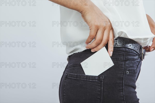 Modern woman with business card pocket