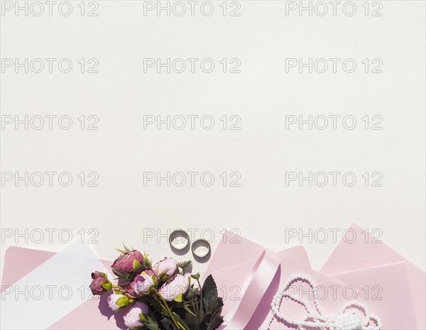 Pink envelopes bouquet roses with copy space