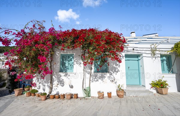 White Cycladic house with turquoise windows and doors