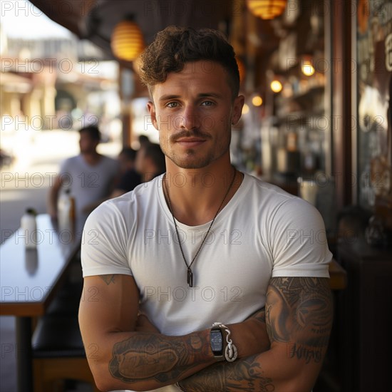 Man with tattoos on upper body on the beach and beach club