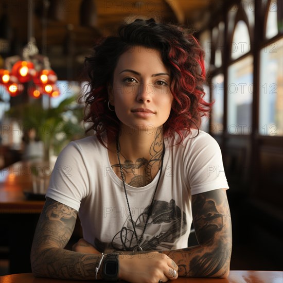 Woman with tattoos on torso at the beach and beach club