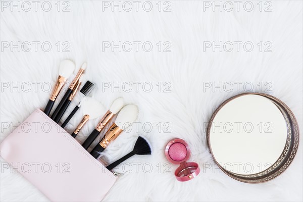 Makeup brushes bag with pink compact powder round mirror fur backdrop