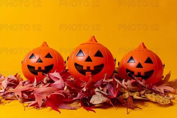 Halloween orange pumpkins on a yellow background