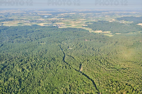 Aerial view over the fields and forests near Woerth an der Donau