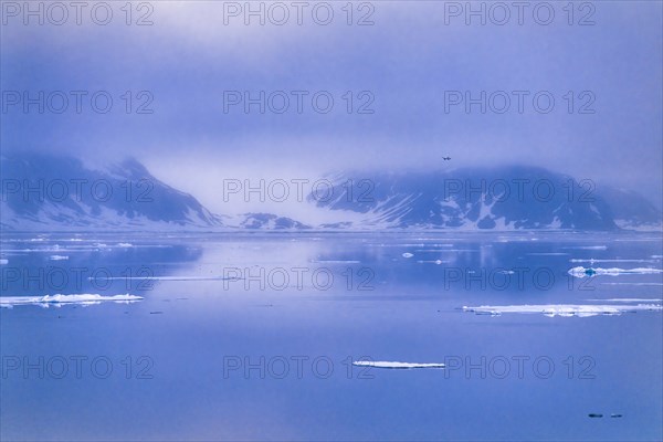 Seascape view with fog at the coastline of Svalbard