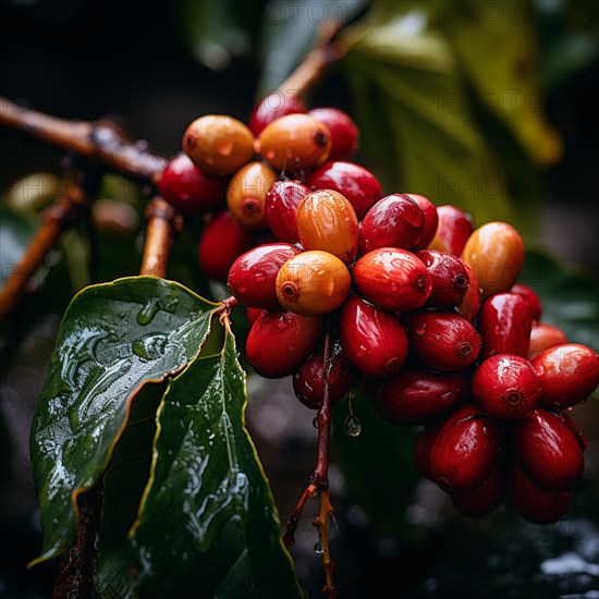 Coffee beans fresh and roasted Coffee beans on a plantation